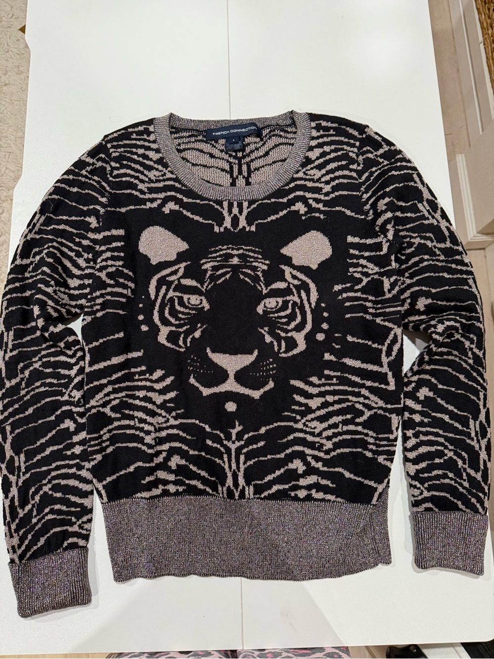 French Connection Metallic Black and Beige Tiger Motif Crewneck Sweater